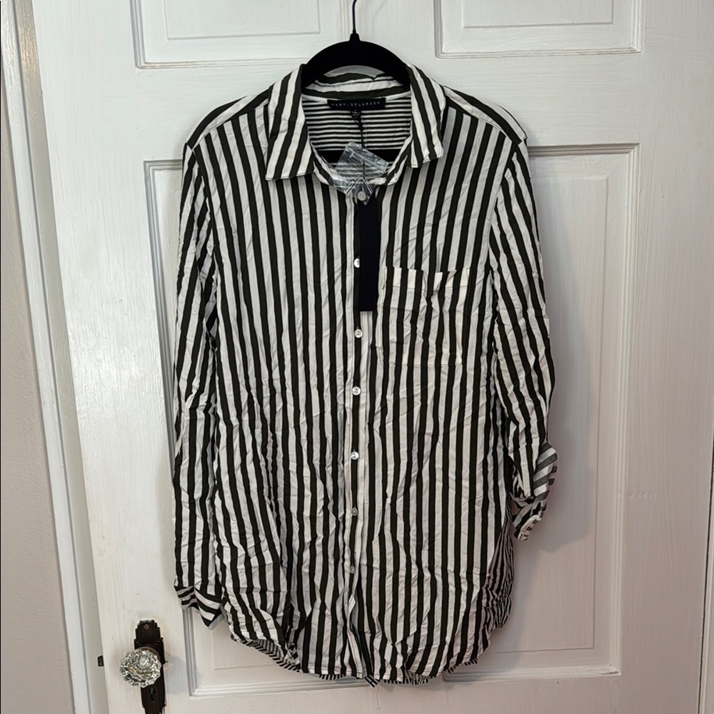 Jane and Delancey Black and White Vertical Stripe Button-Down Shirt